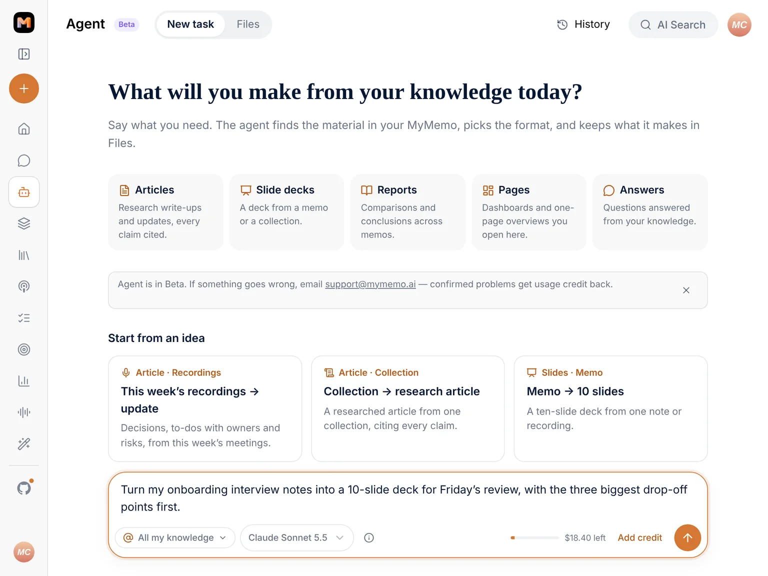 The MyMemo Agent start page with a request for a slide deck from interview notes