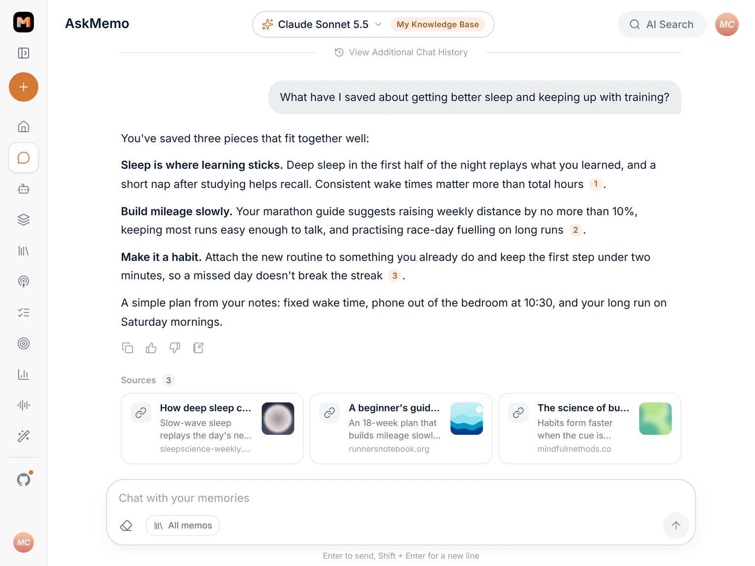 AskMemo answering a question with three cited memos from the user's library