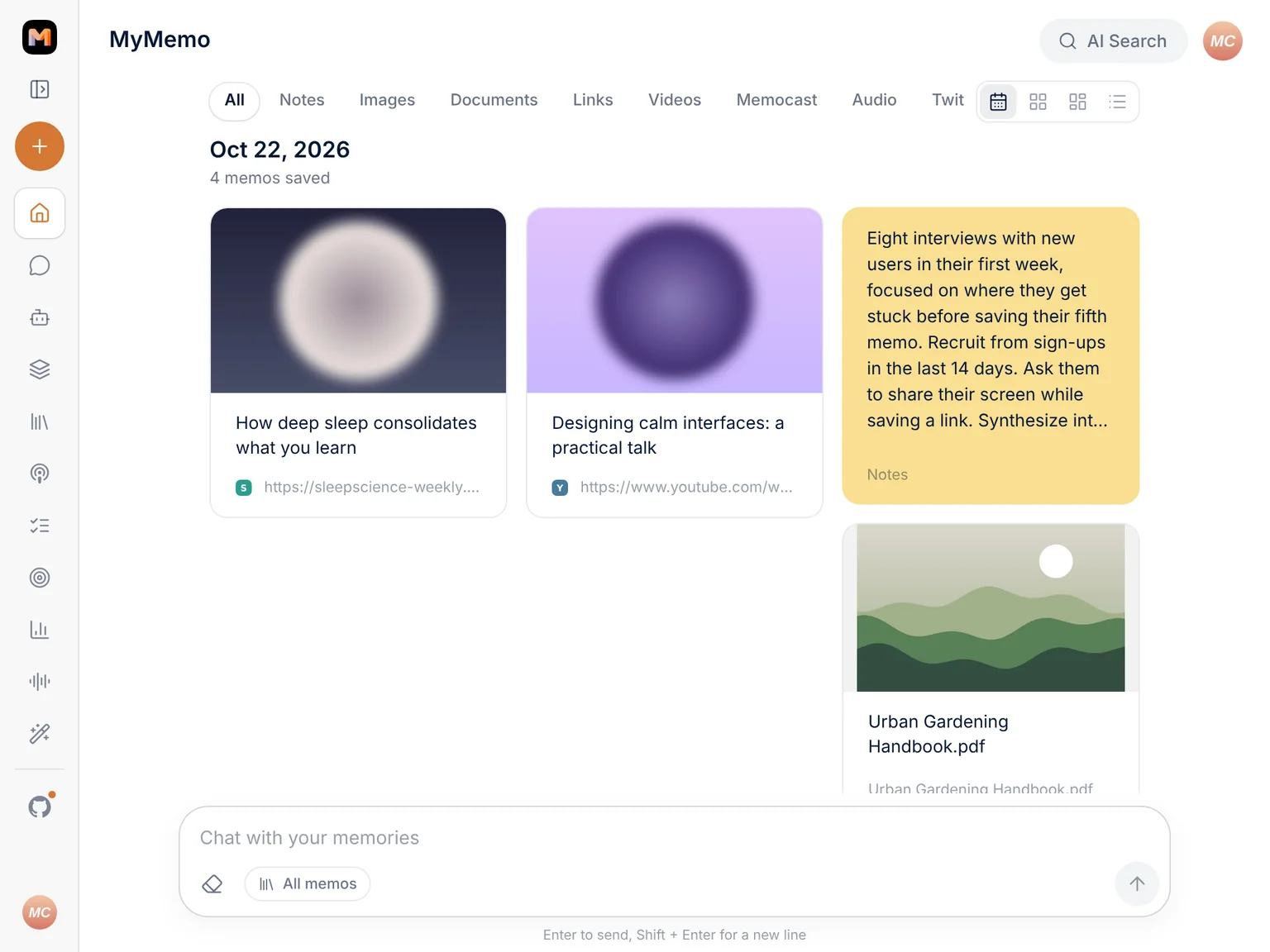 The MyMemo library: articles, videos, notes, files and MemoCasts, grouped by the day they were saved