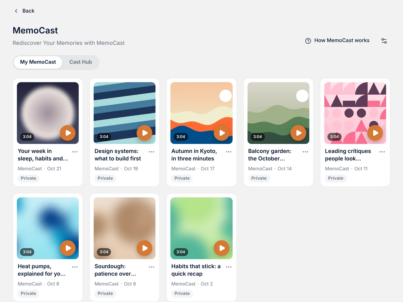 MemoCast episodes made from saved memos, ready to play