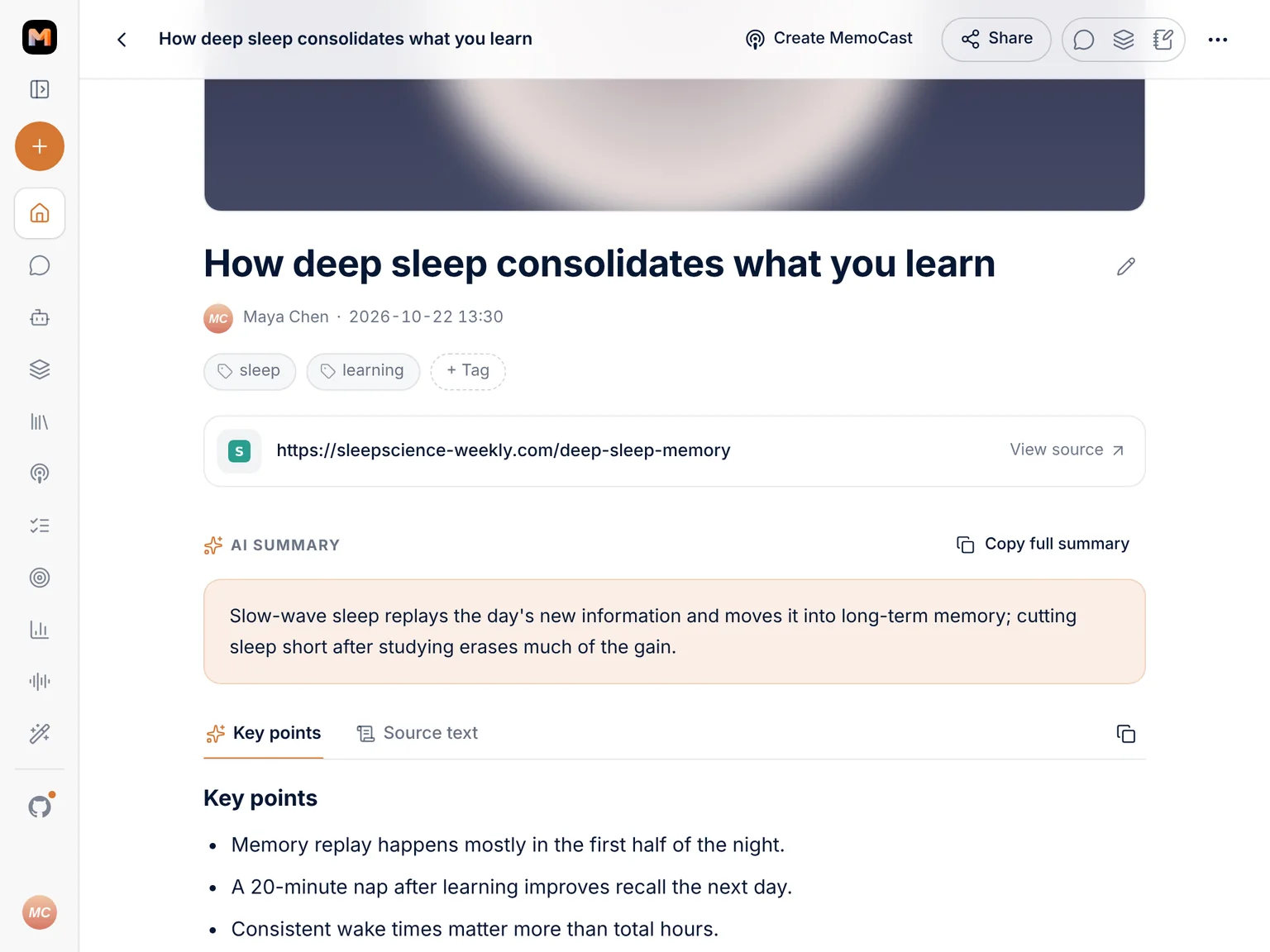 A memo with its AI summary, key points and an Ask Memo panel